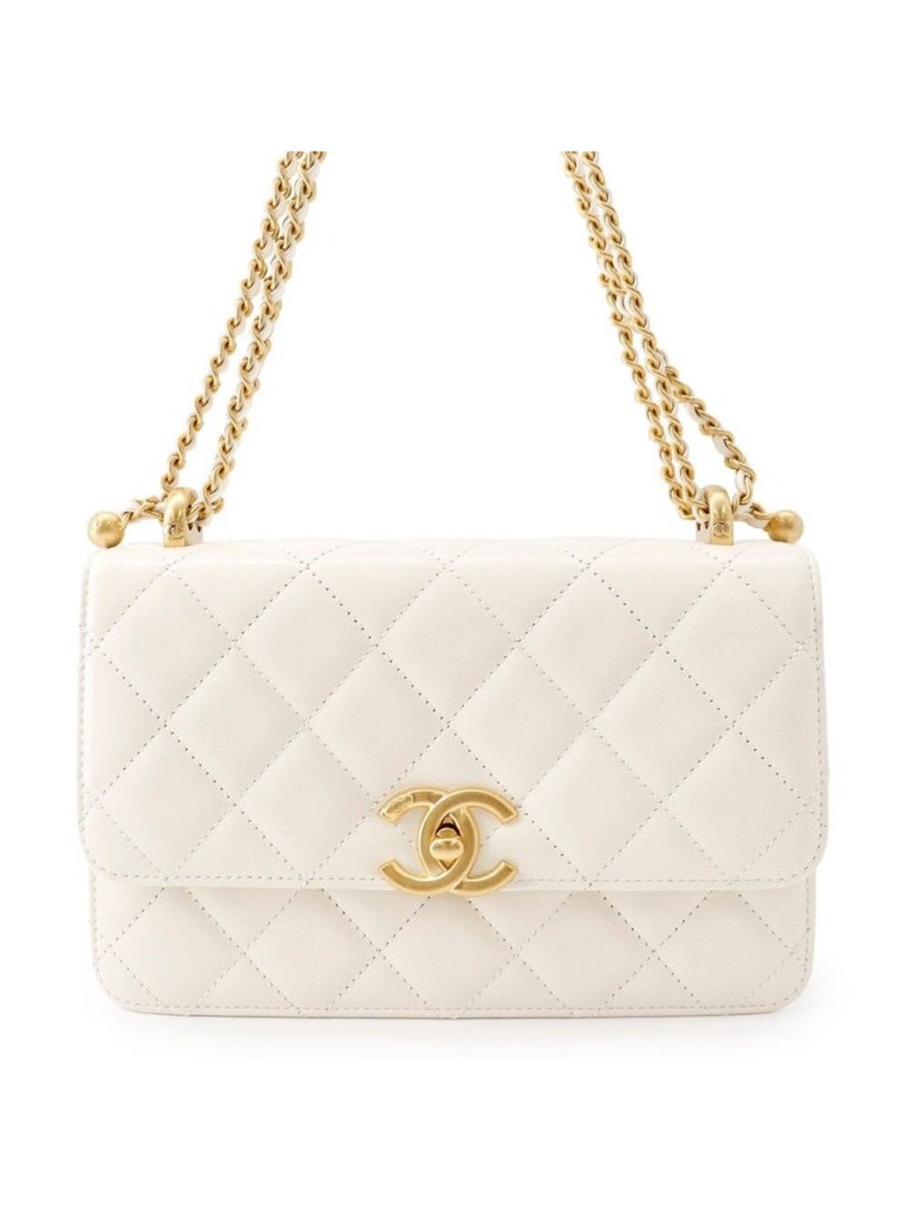 Chanel Chain Shoulder Bag Quilted CC Logo Calfskin White